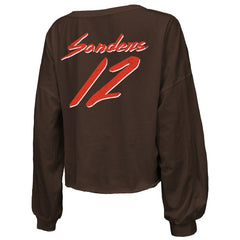 Shedeur Sanders Cleveland Browns Majestic Threads Women's Name & Number Off-Shoulder Script Cropped Long Sleeve Relaxed V-Neck T-Shirt - Brown on sale