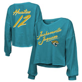Travis Hunter Jacksonville Jaguars Majestic Threads Women's Name & Number Off-Shoulder Script Cropped Long Sleeve Relaxed V-Neck T-Shirt - Teal online