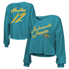 Travis Hunter Jacksonville Jaguars Majestic Threads Women's Name & Number Off-Shoulder Script Cropped Long Sleeve Relaxed V-Neck T-Shirt - Teal online