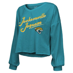 Travis Hunter Jacksonville Jaguars Majestic Threads Women's Name & Number Off-Shoulder Script Cropped Long Sleeve Relaxed V-Neck T-Shirt - Teal online