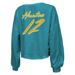 Travis Hunter Jacksonville Jaguars Majestic Threads Women's Name & Number Off-Shoulder Script Cropped Long Sleeve Relaxed V-Neck T-Shirt - Teal online