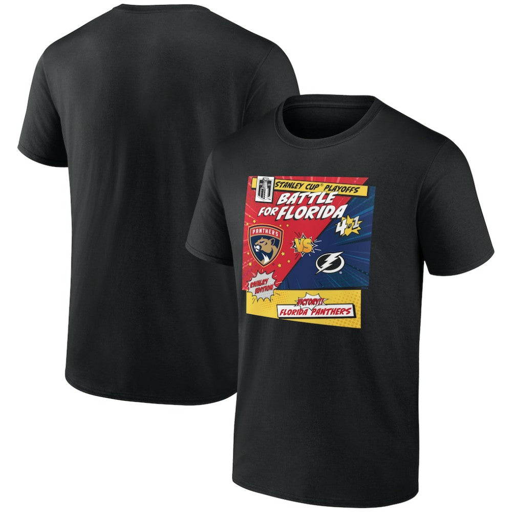 Florida Panthers vs. Tampa Bay Lightning 2025 Stanley Cup Playoffs Rivalry Comic Pop T-Shirt Black