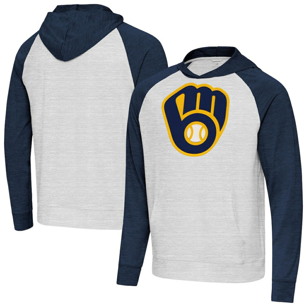 Milwaukee Brewers Antigua Urgent Pullover Hoodie - Heather Navy/Gray