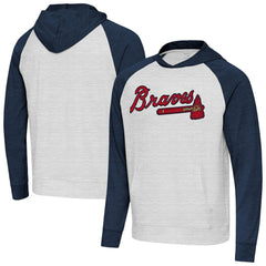 Atlanta Braves Antigua Urgent Pullover Hoodie - Heather Navy/Gray