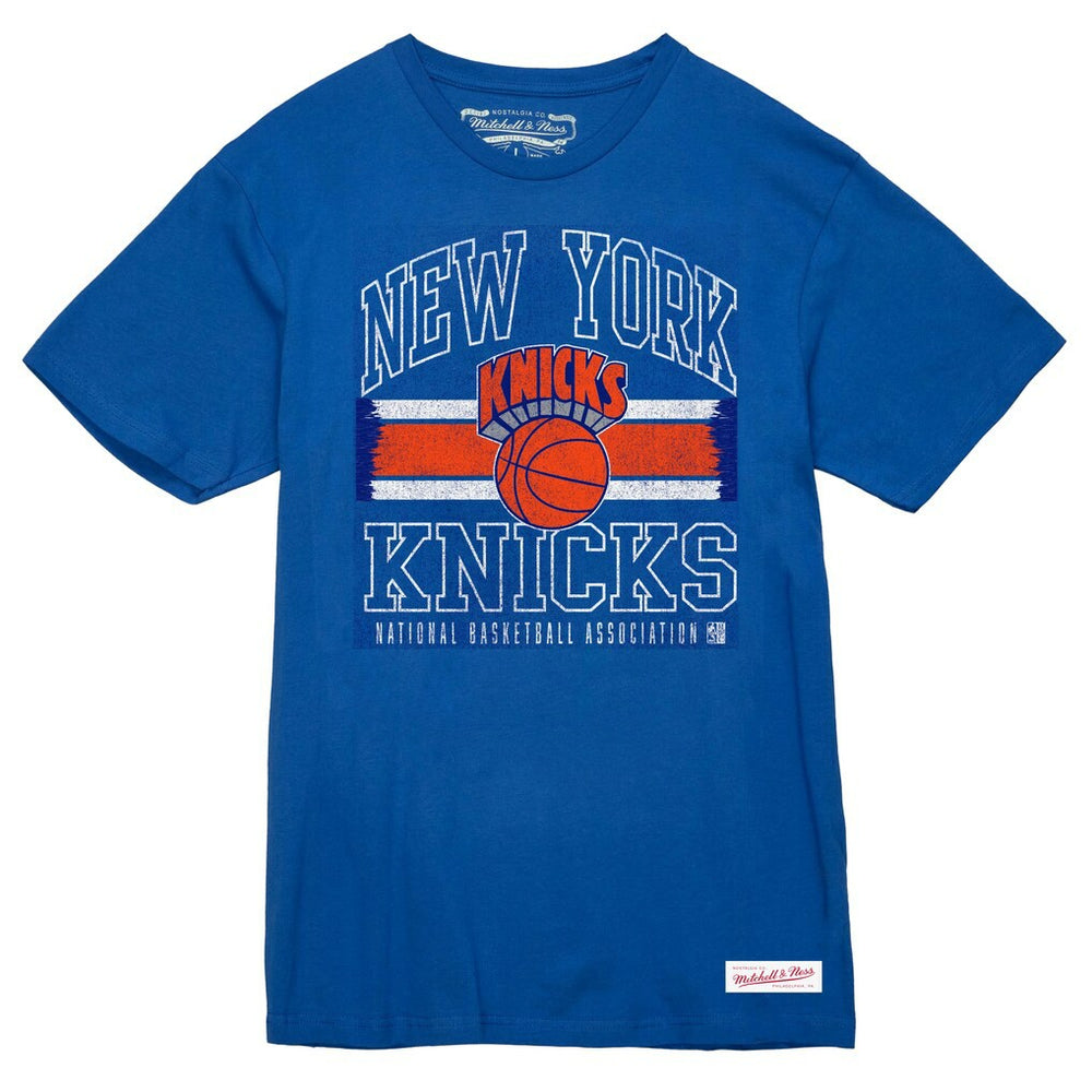 New York Knicks Striped Logo Lockup Premium T-Shirt - Royal | Mitchell & Ness online