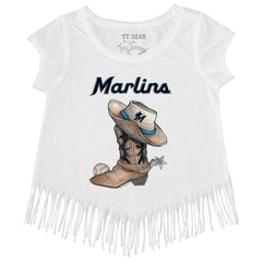 Miami Marlins Tiny Turnip Girls Youth Cowboy Boot Fringe T-Shirt - White