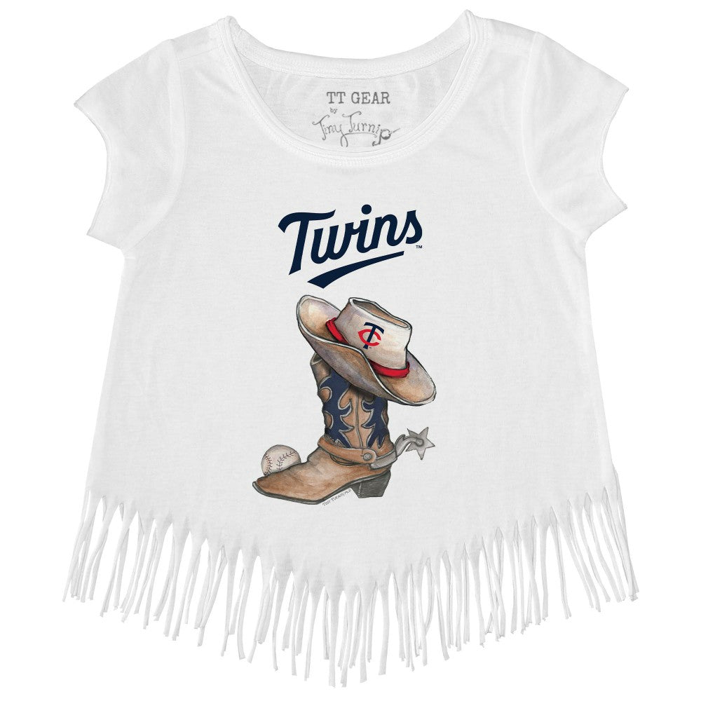 Minnesota Twins Tiny Turnip Girls Youth Cowboy Boot Fringe T-Shirt - White