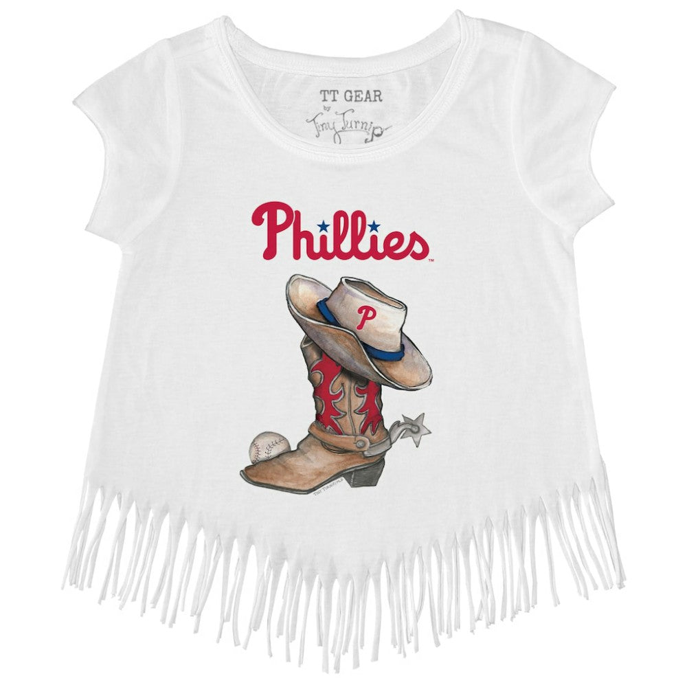 Philadelphia Phillies Tiny Turnip Girls Youth Cowboy Boot Fringe T-Shirt - White
