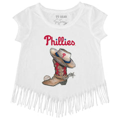 Philadelphia Phillies Tiny Turnip Girls Youth Cowboy Boot Fringe T-Shirt - White