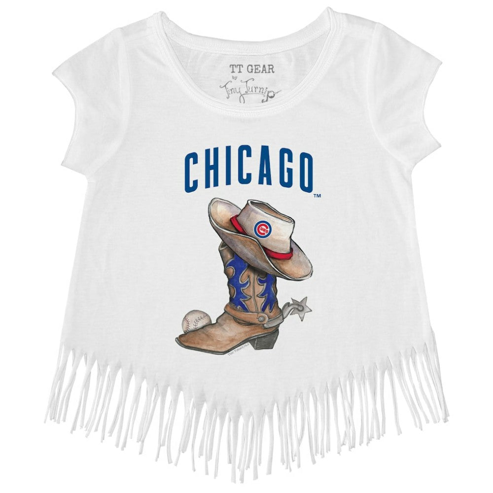 Chicago Cubs Tiny Turnip Girls Youth Cowboy Boot Fringe T-Shirt - White