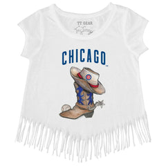 Chicago Cubs Tiny Turnip Girls Youth Cowboy Boot Fringe T-Shirt - White