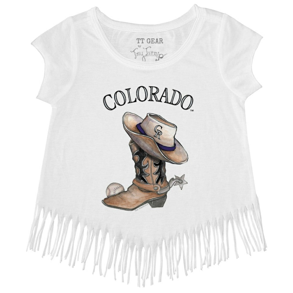 Colorado Rockies Tiny Turnip Girls Youth Cowboy Boot Fringe T-Shirt - White