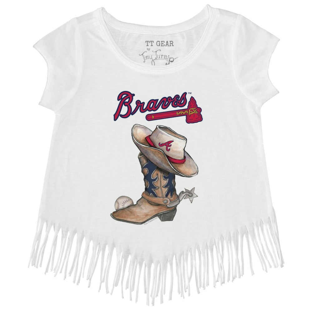 Atlanta Braves Tiny Turnip Girls Youth Cowboy Boot Fringe T-Shirt - White