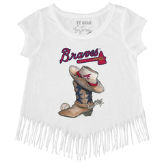 Atlanta Braves Tiny Turnip Girls Youth Cowboy Boot Fringe T-Shirt - White