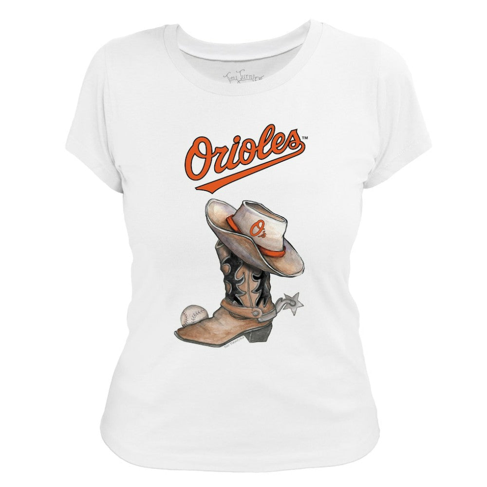 Baltimore Orioles Tiny Turnip Women's Cowboy Boot T-Shirt - White