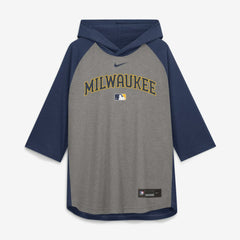 Milwaukee Brewers Authentic Collection Flux Dri-FIT Raglan 3/4-Sleeve Hooded T-Shirt - Gray | Nike