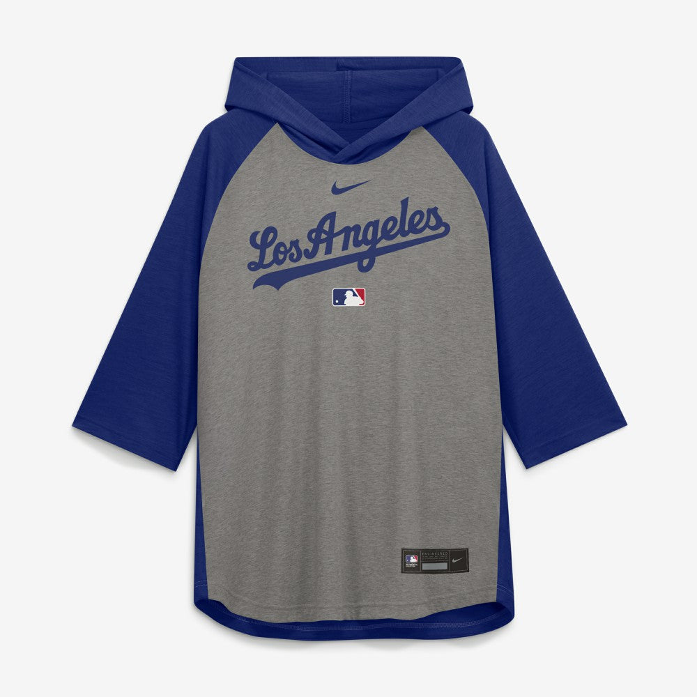 Los Angeles Dodgers Authentic Collection Flux Dri-FIT Raglan 3/4-Sleeve Hooded T-Shirt - Gray | Nike