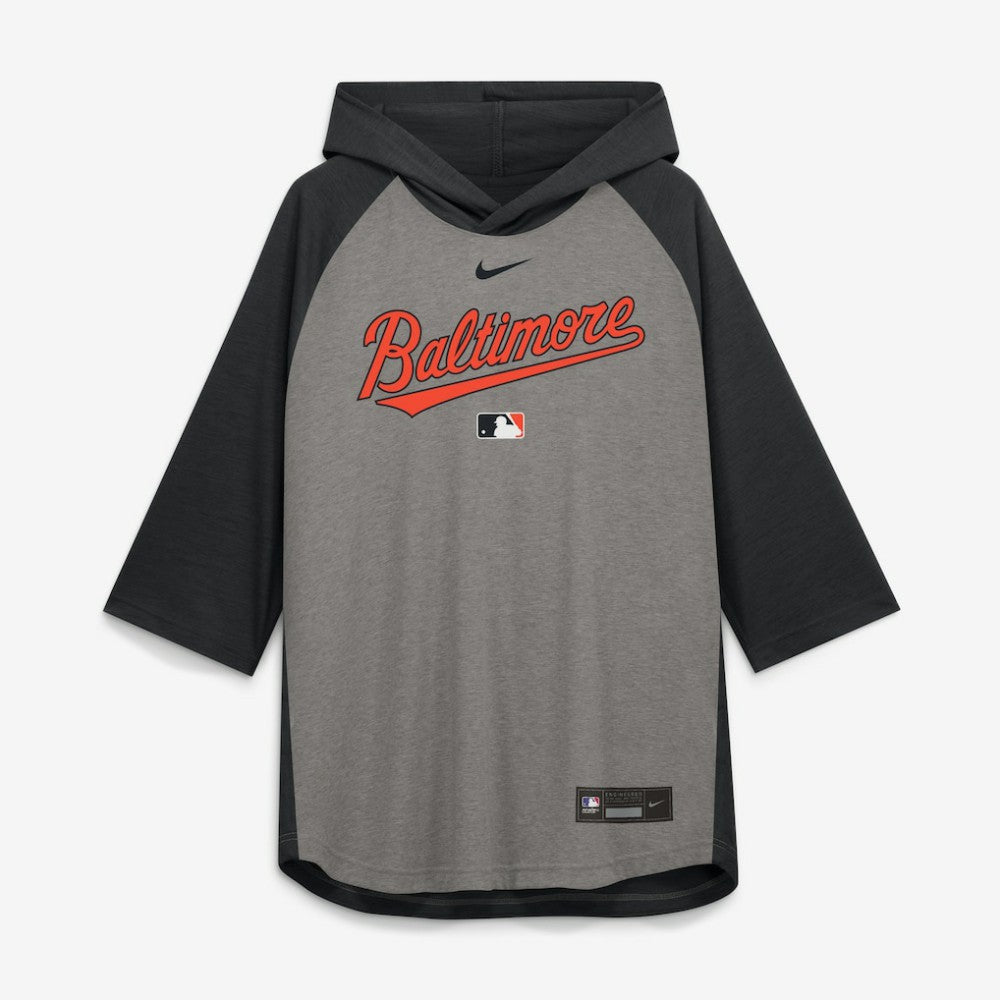 Baltimore Orioles Authentic Collection Flux Dri-FIT Raglan 3/4-Sleeve Hooded T-Shirt - Gray | Nike