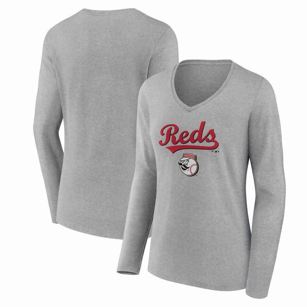 Cincinnati Reds Women's Team Lockup Long Sleeve V-Neck T-Shirt - Gray