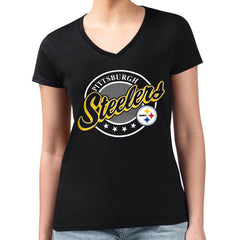 Pittsburgh Steelers G-III 4Her by Carl Banks Women's Super-Slim Fit Lightweight Pinstripe Circle V-Neck T-Shirt - Black on sale