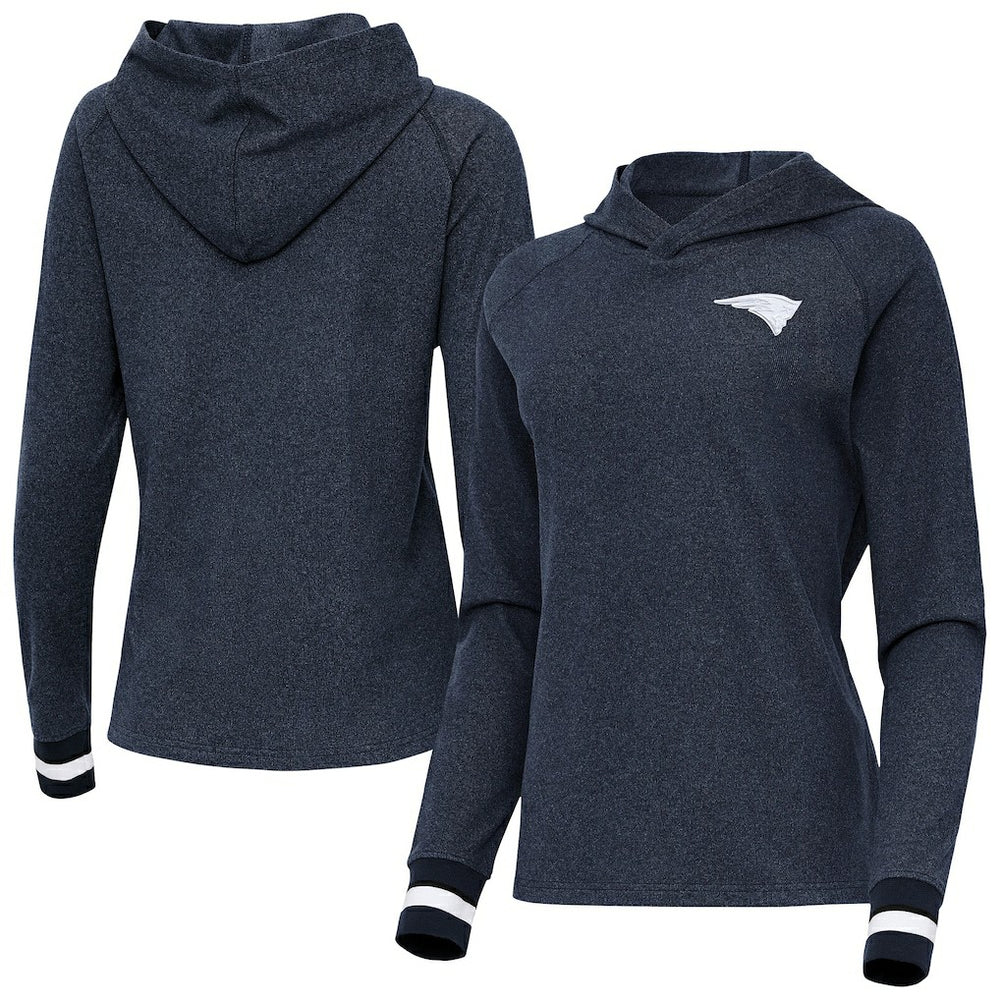 New England Patriots Antigua Women's Trek Raglan Pullover Hoodie - Heather Navy discount