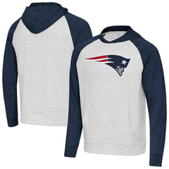 New England Patriots Antigua Urgent Raglan Pullover Hoodie - Heather Gray/Heather Navy for sale
