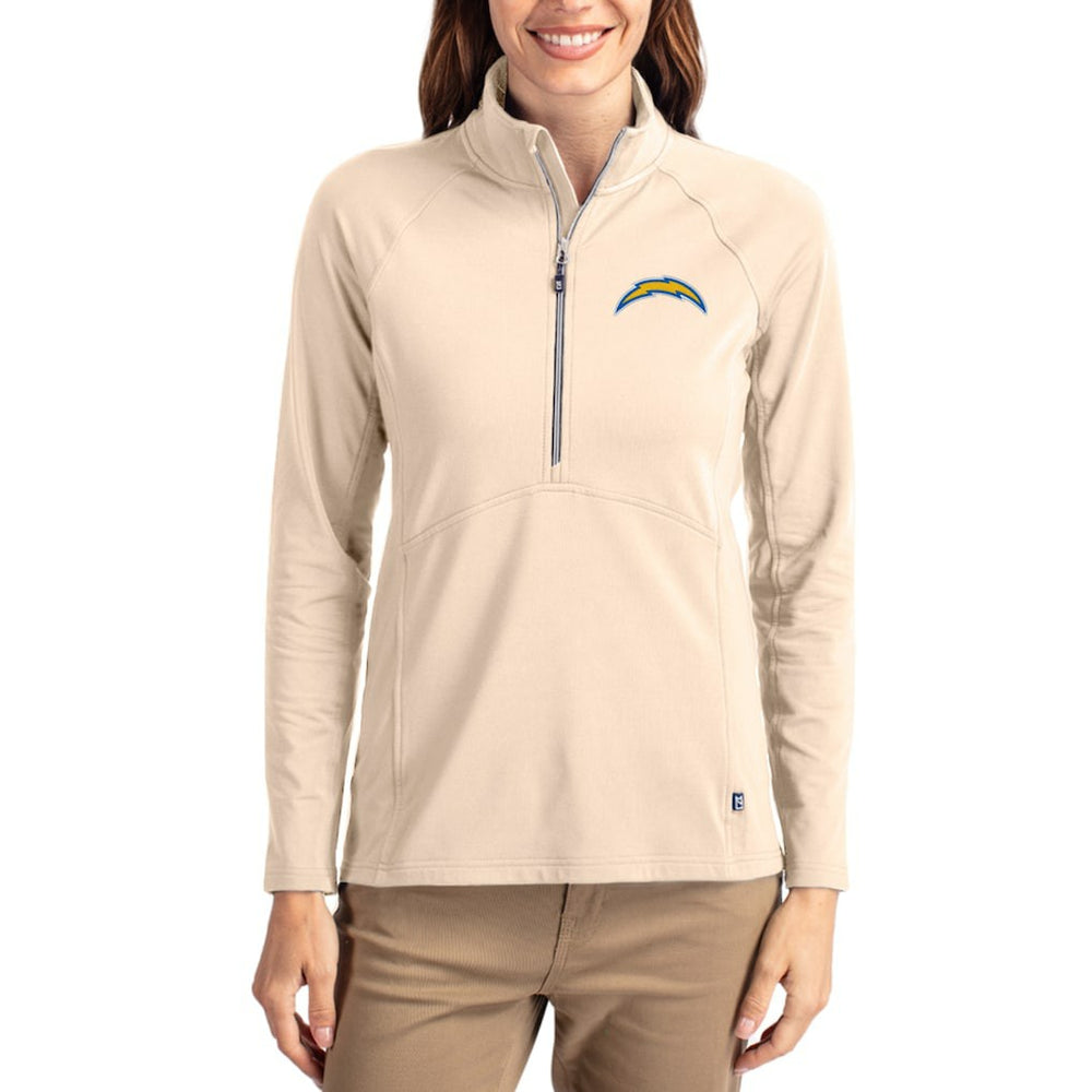 Los Angeles Chargers Cutter & Buck Women's Adapt Eco Knit Stretch Recycled Raglan Half-Zip Pullover - Tan sale