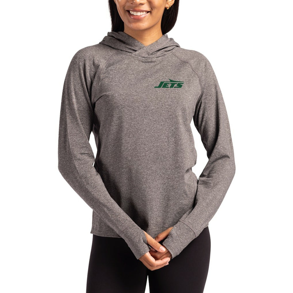 New York Jets Cutter & Buck Women's Primary Logo Adapt Knit Recycled Raglan Pullover Hoodie - Heather Charcoal outlet