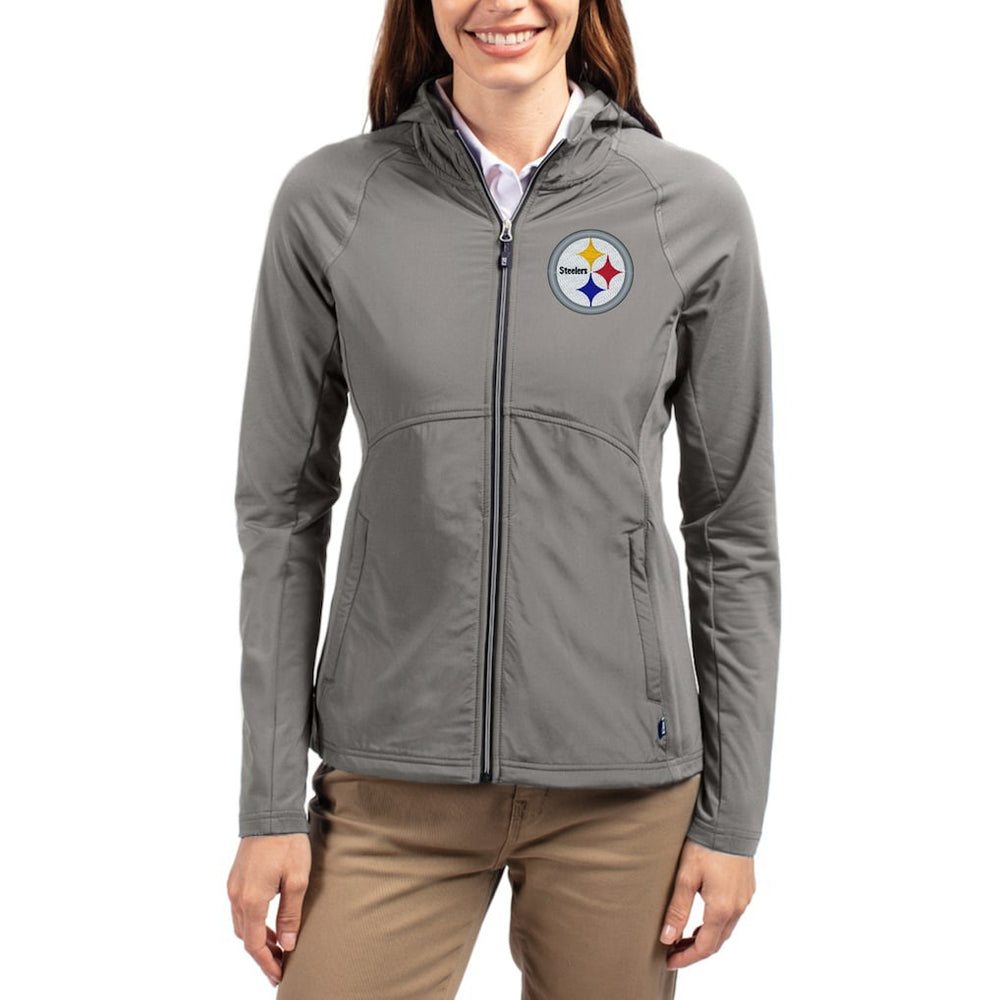 Pittsburgh Steelers Cutter & Buck Women's Adapt Eco Knit Hybrid Recycled Raglan Full-Zip Hoodie Jacket - Gray on sale