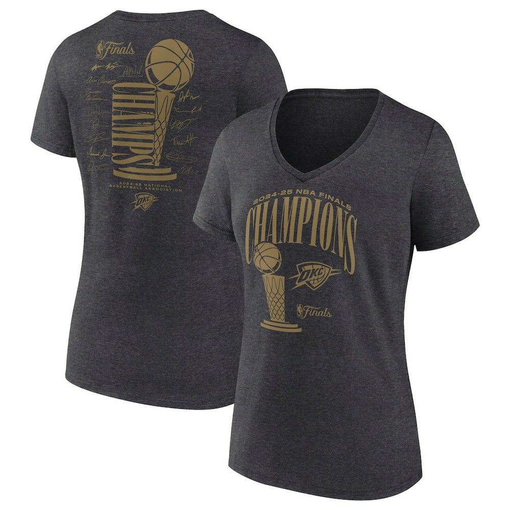 Oklahoma City Thunder Women's 2025 NBA Finals Champions Double Dribble V-Neck T-Shirt - Heather Charcoal | Fanatics for sale