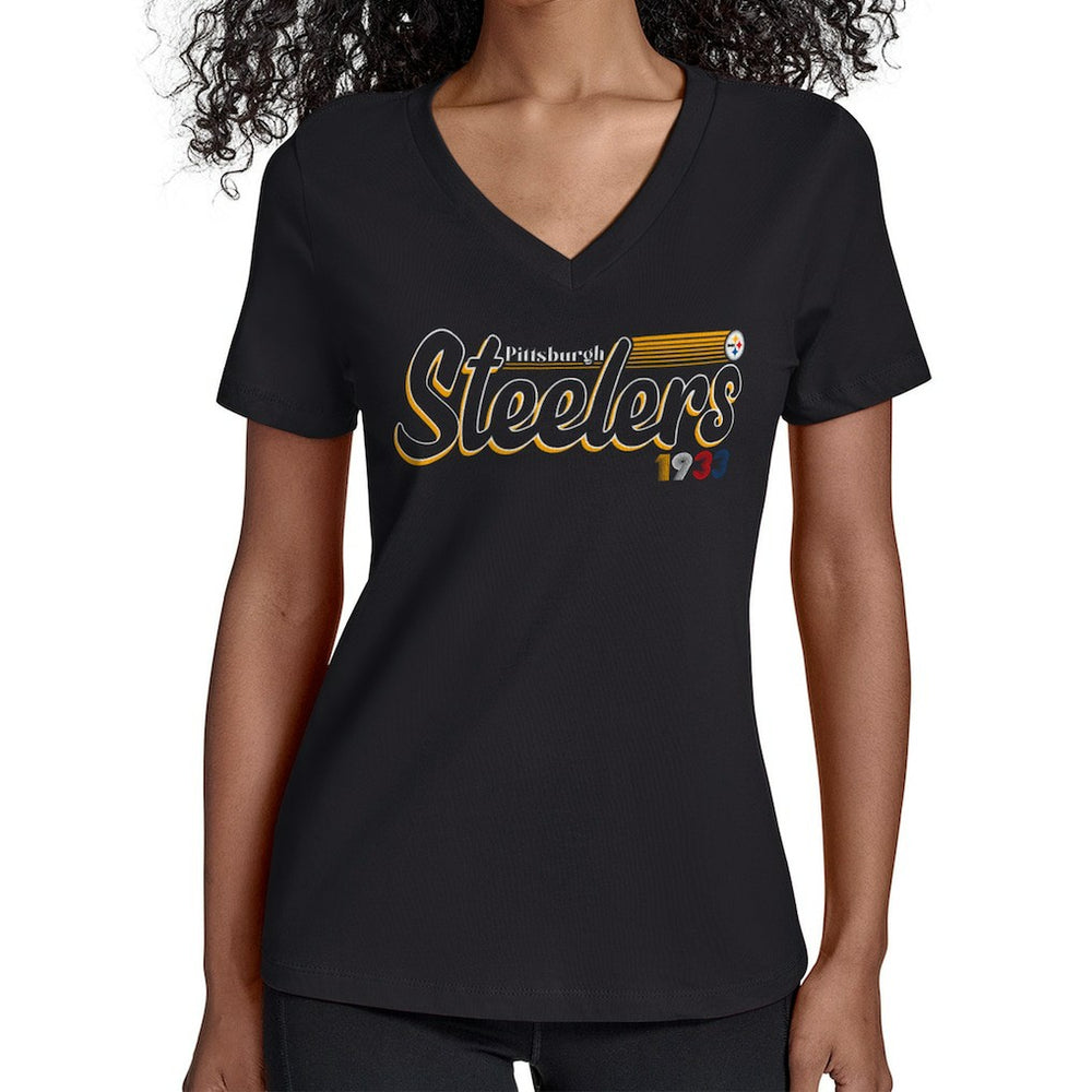 Pittsburgh Steelers Starter Women's Groovy Script V-Neck T-Shirt - Black for sale