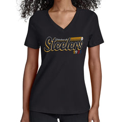 Pittsburgh Steelers Starter Women's Groovy Script V-Neck T-Shirt - Black for sale