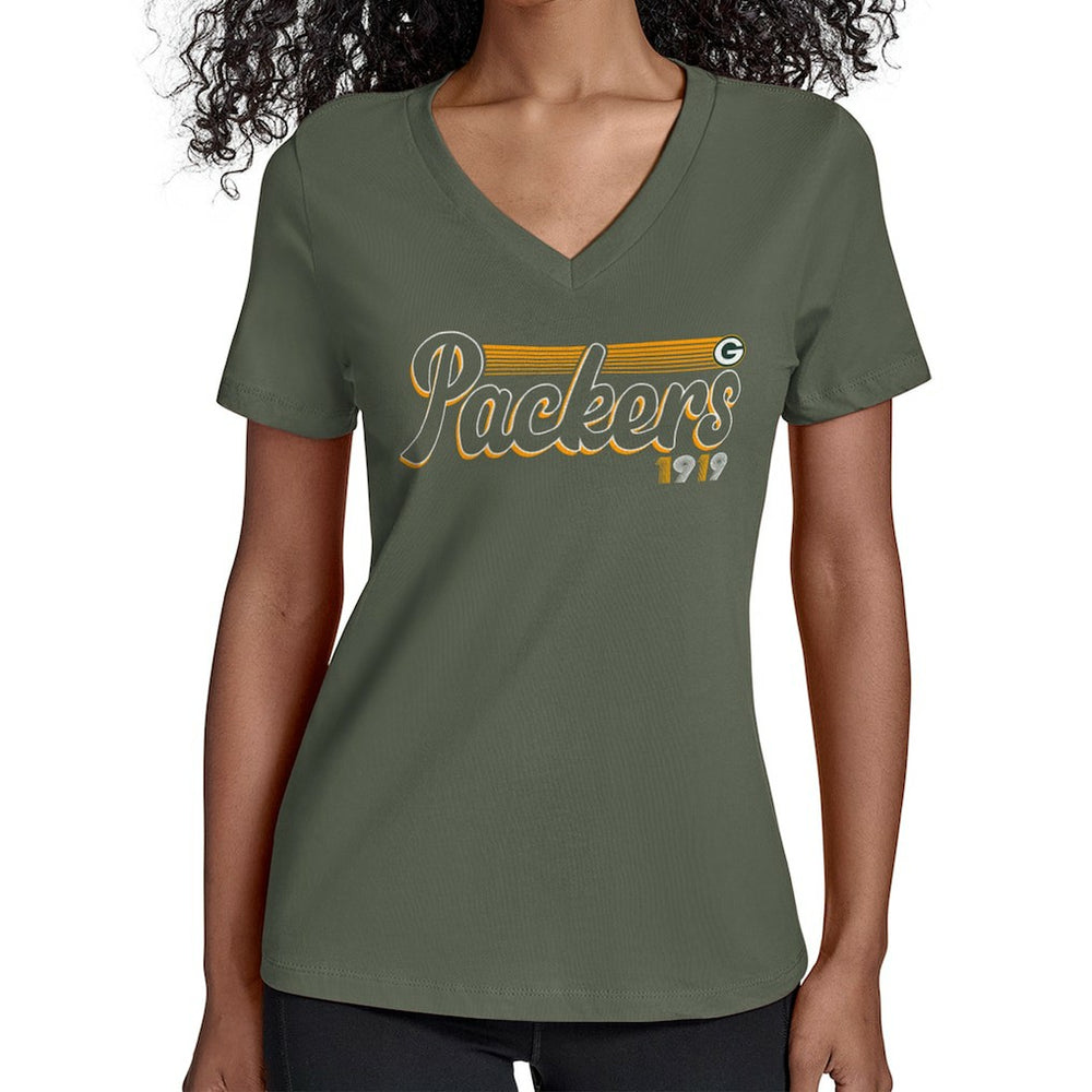 Green Bay Packers Starter Women's Groovy Script V-Neck T-Shirt - Green online