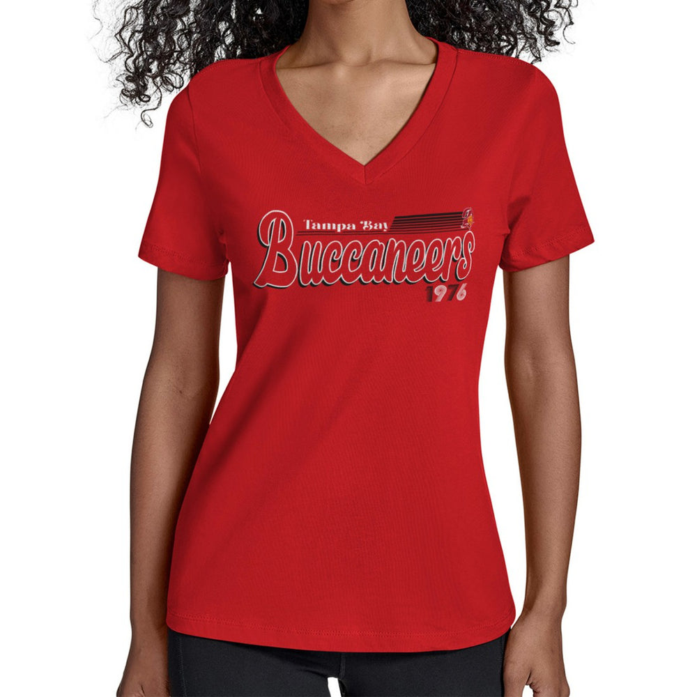 Tampa Bay Buccaneers Starter Women's Throwback Groovy Script V-Neck T-Shirt - Red cheap