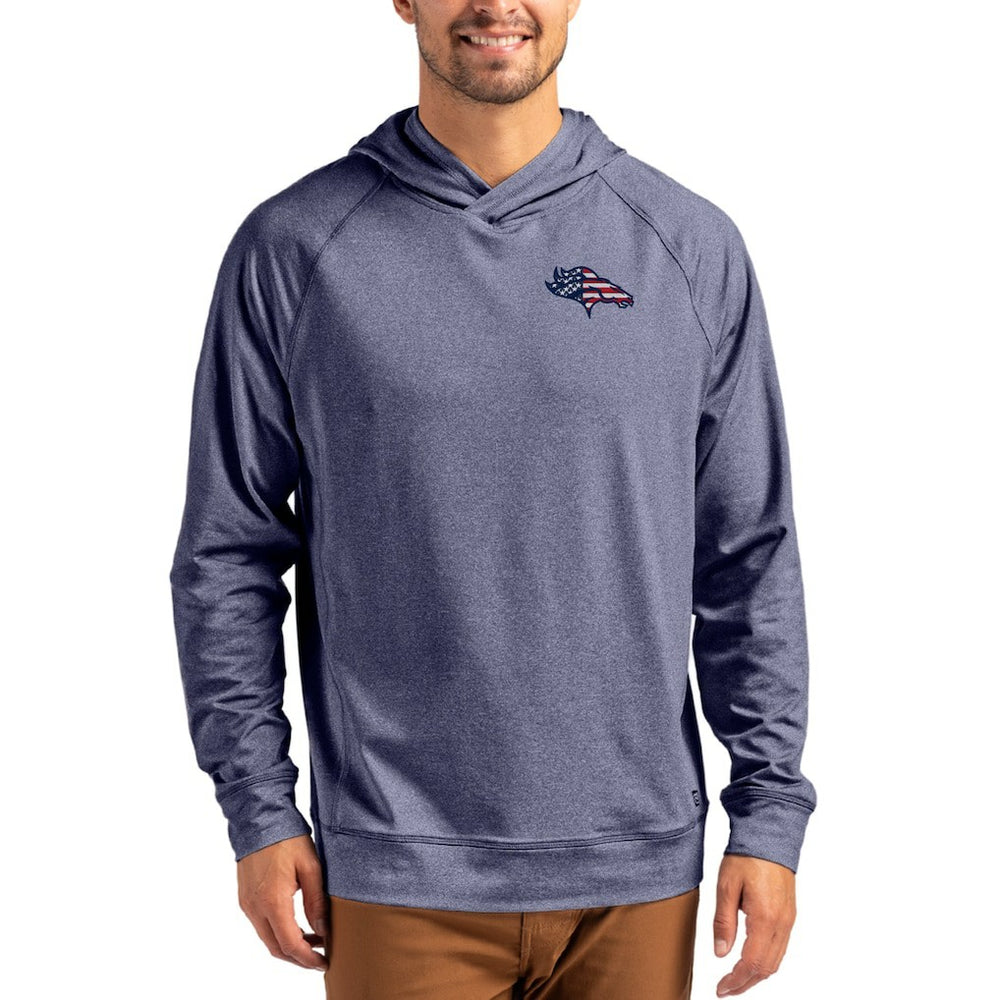Denver Broncos Cutter & Buck Adapt Americana Knit Recycled Raglan Pullover Hoodie - Heather Navy online