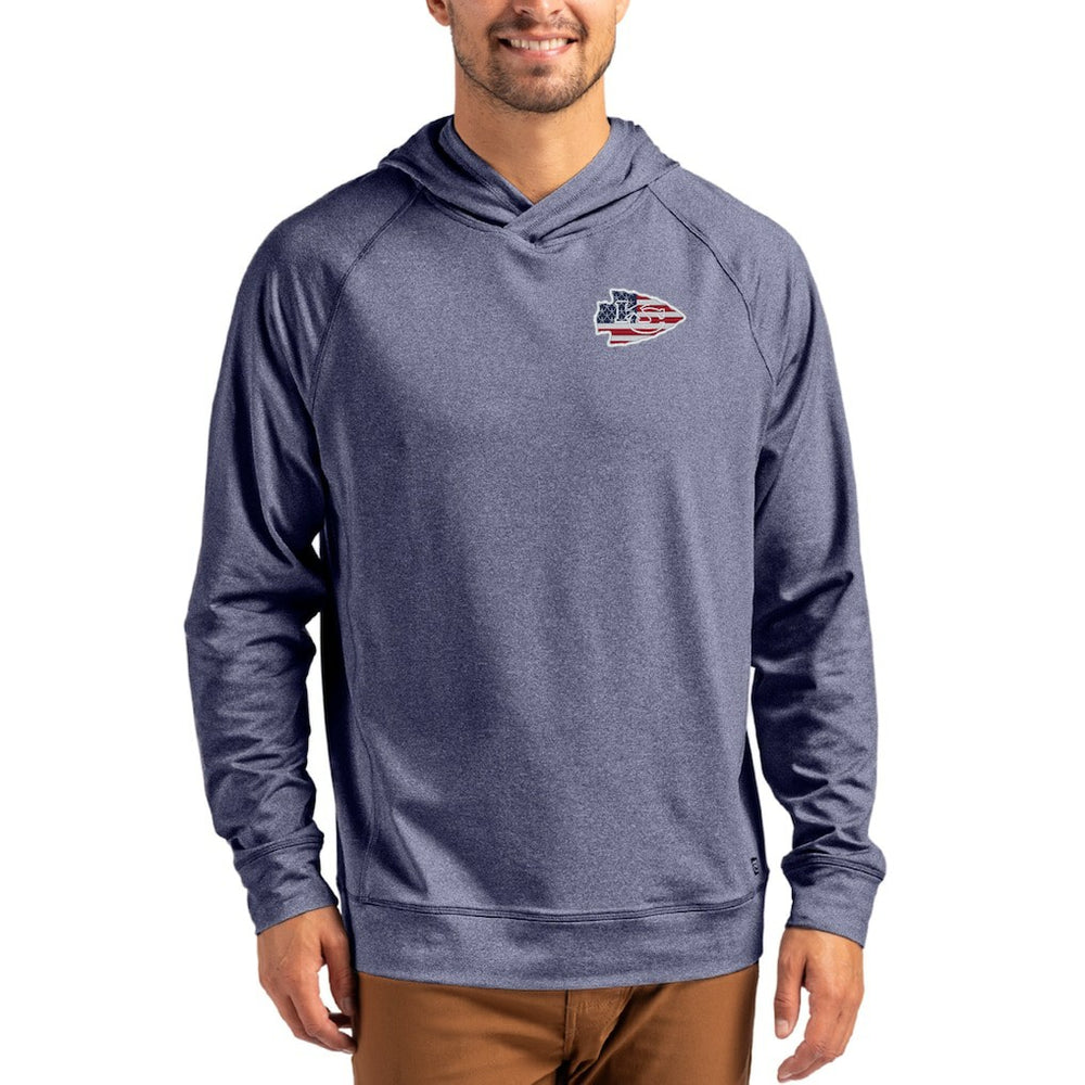 Kansas City Chiefs Cutter & Buck Adapt Americana Knit Recycled Raglan Pullover Hoodie - Heather Navy sale