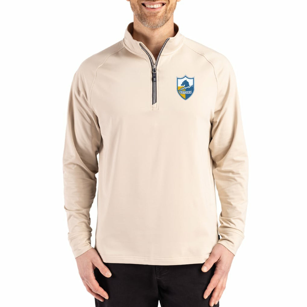 Los Angeles Chargers Cutter & Buck Throwback Logo Adapt Eco Knit Stretch Recycled Quarter-Zip Pullover - Tan for sale