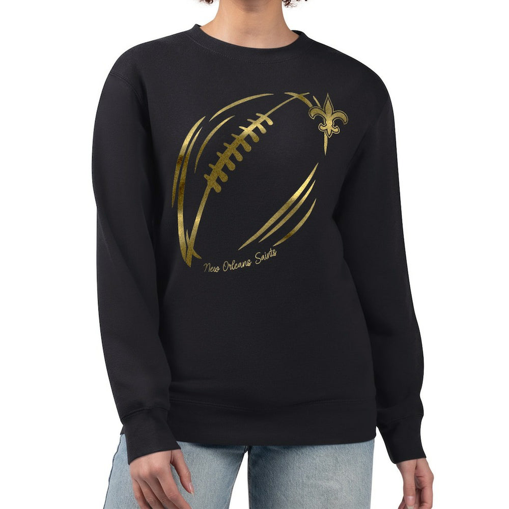 New Orleans Saints G-III 4Her by Carl Banks Women's Metallic Print Football Sketch Fleece Crewneck Sweatshirt - Black sale