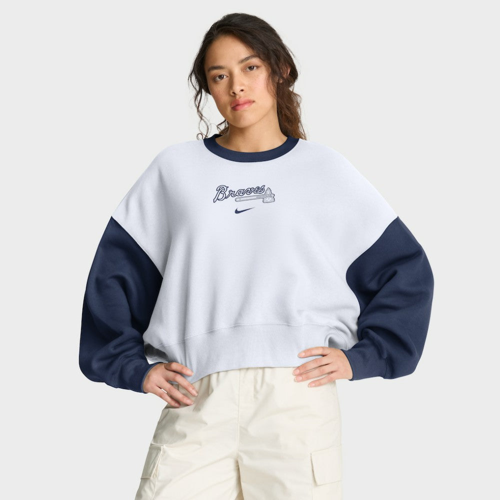 Atlanta Braves Women's Oversized High Hip Fleece Sweatshirt - White/Navy | Nike