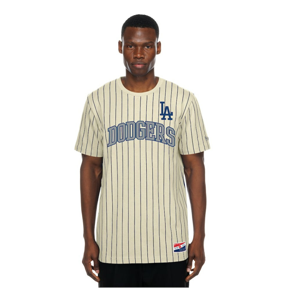 Los Angeles Dodgers Throwback Meshback Pinstripe T-Shirt - Cream | New Era