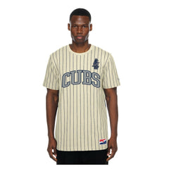 Chicago Cubs Throwback Meshback Pinstripe T-Shirt - Cream | New Era