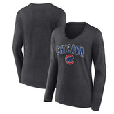 Chicago Cubs Women's Team Lockup Long Sleeve V-Neck T-Shirt - Charcoal