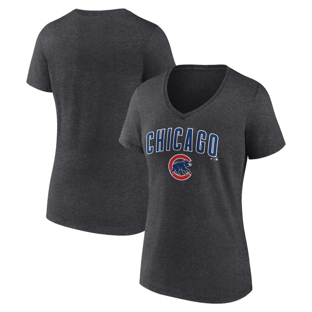 Chicago Cubs Women's Team Lockup V-Neck T-Shirt - Charcoal