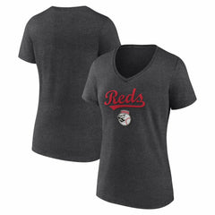 Cincinnati Reds Women's Team Lockup V-Neck T-Shirt - Charcoal