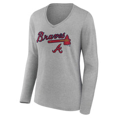 Atlanta Braves Women's Team Lockup Long Sleeve V-Neck T-Shirt - Gray