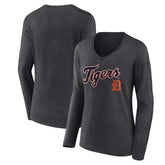 Detroit Tigers Women's Team Lockup Long Sleeve V-Neck T-Shirt - Charcoal