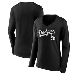 Los Angeles Dodgers Women's Team Lockup Long Sleeve V-Neck T-Shirt - Black