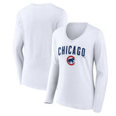Chicago Cubs Women's Team Lockup Long Sleeve V-Neck T-Shirt - White