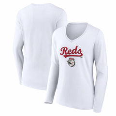 Cincinnati Reds Women's Team Lockup Long Sleeve V-Neck T-Shirt - White