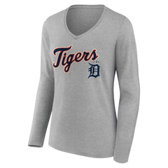 Detroit Tigers Women's Team Lockup Long Sleeve V-Neck T-Shirt - Gray